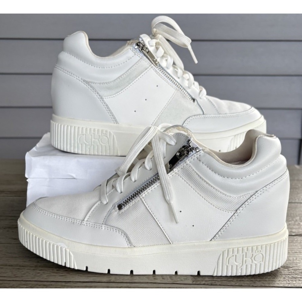 Ryka Victory Wedge Leather Women Sz 10 White Side Zipper Streetwear Comfort Shoe
